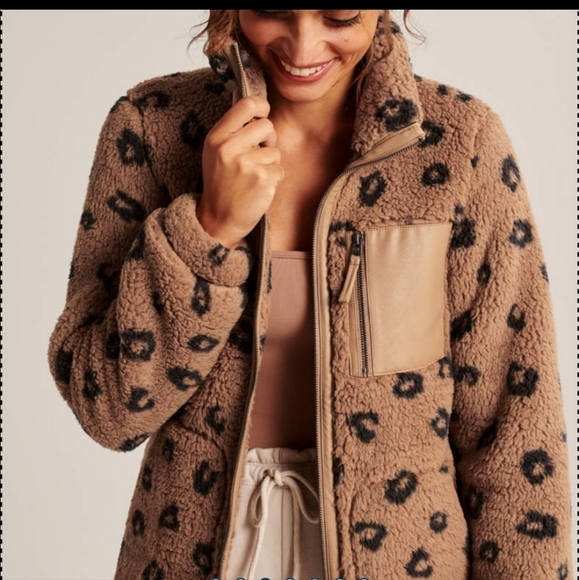 Abercrombie & Fitch Jackets & Blazers - AF Leopard Print Sherpa Zip-Up Jacket